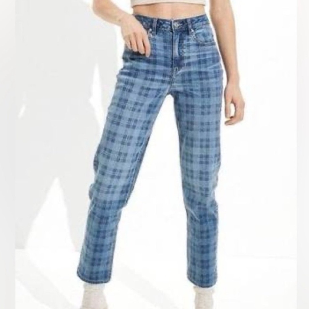 American Eagle Outfitters Blue Plaid Mom Straight Jean